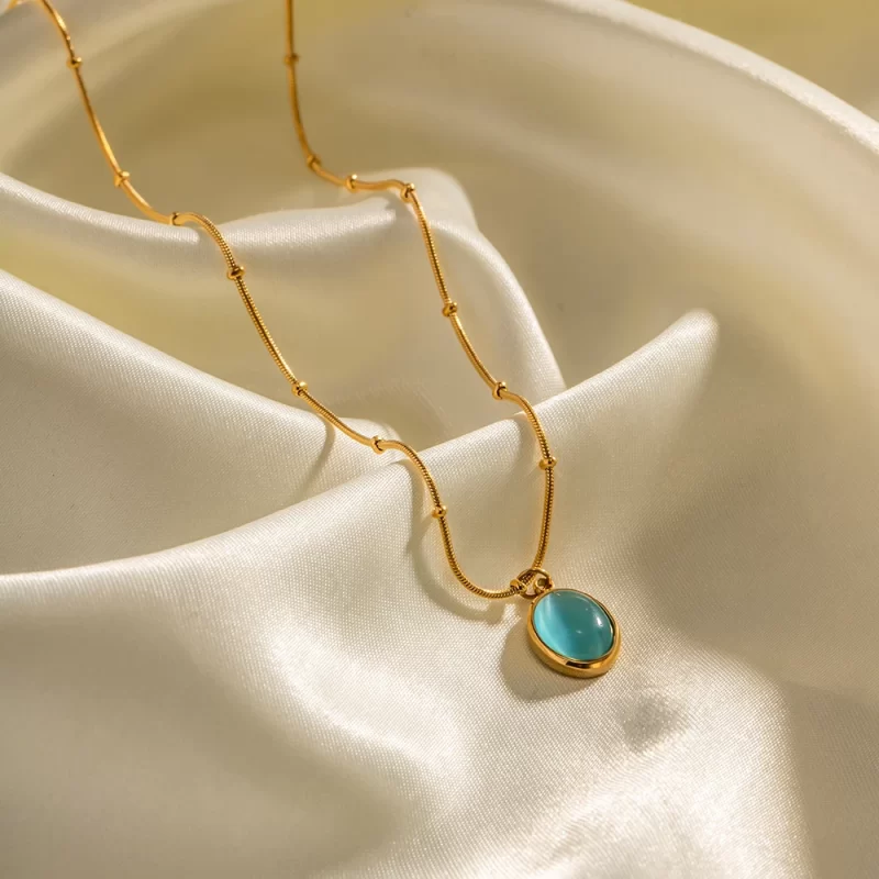 Charm 18K Gold Plated Stainless Steel Jewelry Gift Bead Chain Blue Cubic Zirconia Oval Pendant Necklace - Image 4