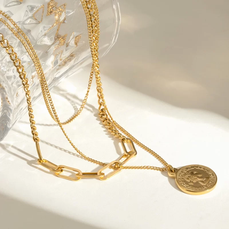 J&D 18k Gold Stainless Steel Layered Coin Pendant Necklace 38/45/50+5cm Trendy - Image 3