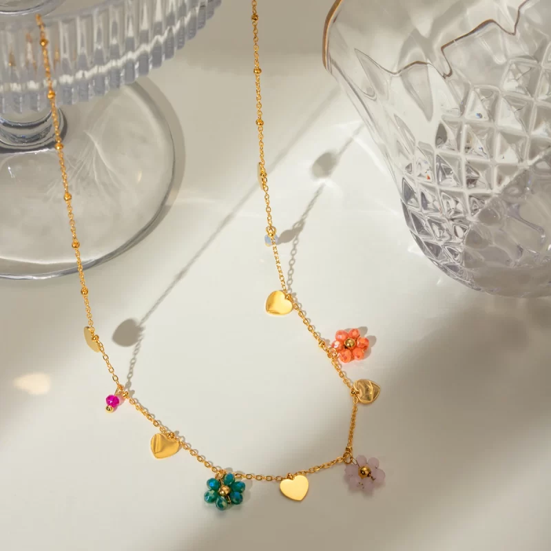 J&D Stainless Steel Chain Colorful Summer Glass Beads Flower Heart Charms Dainty Necklace for Girls - Image 4