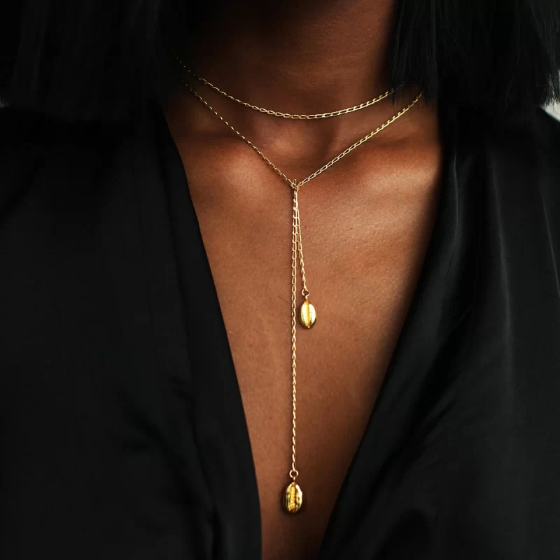 Waterproof Stainless Steel Jewelry Y Necklace Fashion 18K Gold Plated Snake Chain Shell Shape Textured Irregular Pendent - Image 2