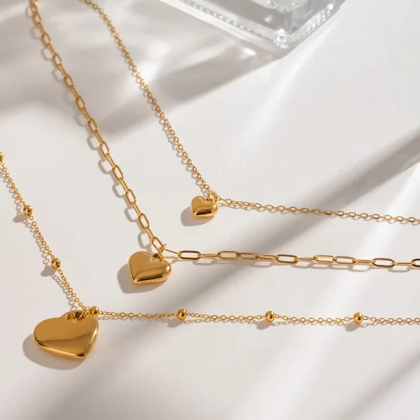 J&D Triple Layer Heart Pendant Necklace for Women 18k Gold Plated Stainless Steel Bead Chain Layered Minimalist Jewelry - Image 4