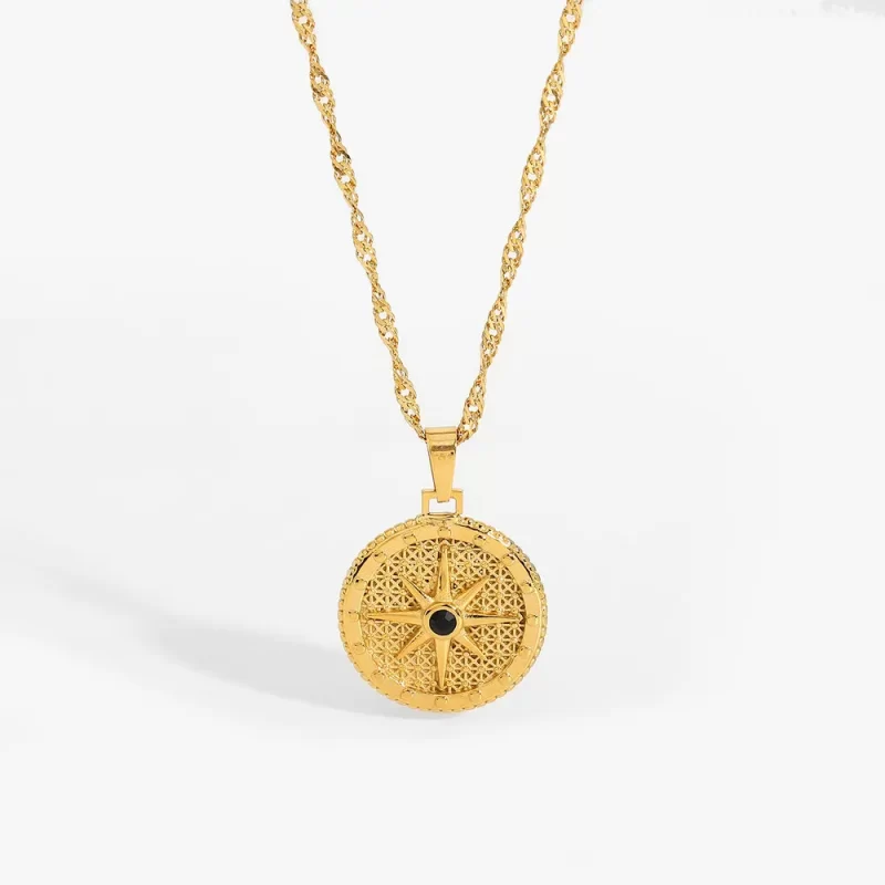 Trendy Titanium Steel Necklace 18K Gold Plating 316l Stainless Steel Round Octagon Signet Black Diamond Necklace - Image 5