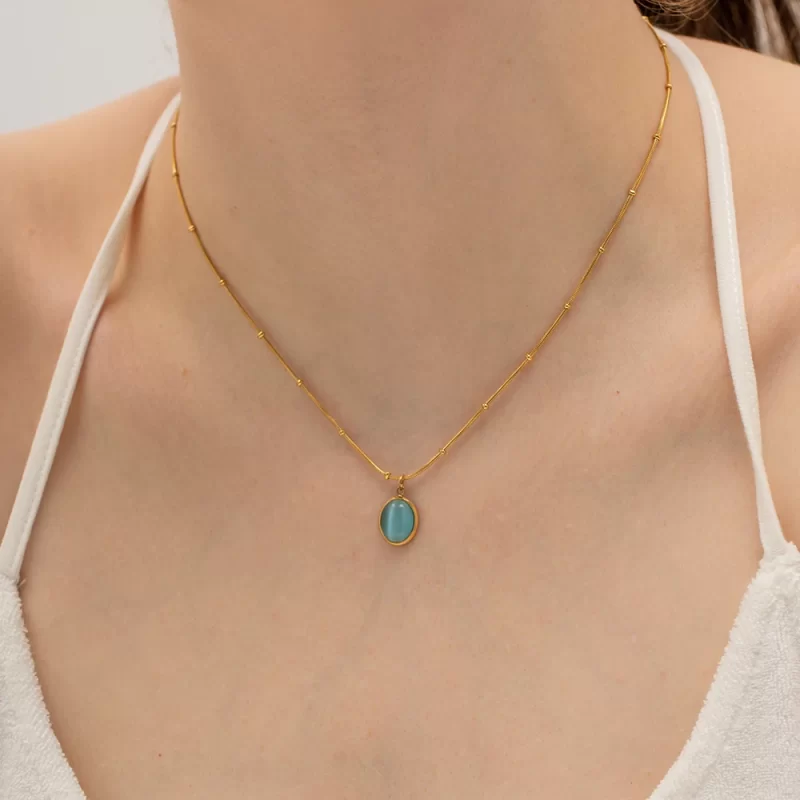 Charm 18K Gold Plated Stainless Steel Jewelry Gift Bead Chain Blue Cubic Zirconia Oval Pendant Necklace - Image 2