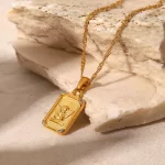 Square Zircon Embossed Angel Pendant Necklace Stainless Steel Gold Plated Gift Necklace for Women