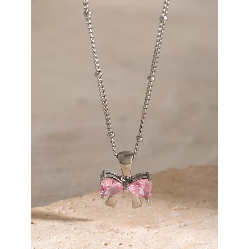 J&D 18K Gold Plated Stainless Steel Bow Knot White Cubic Zirconia Pendant Necklace, 40+5cm - Image 4
