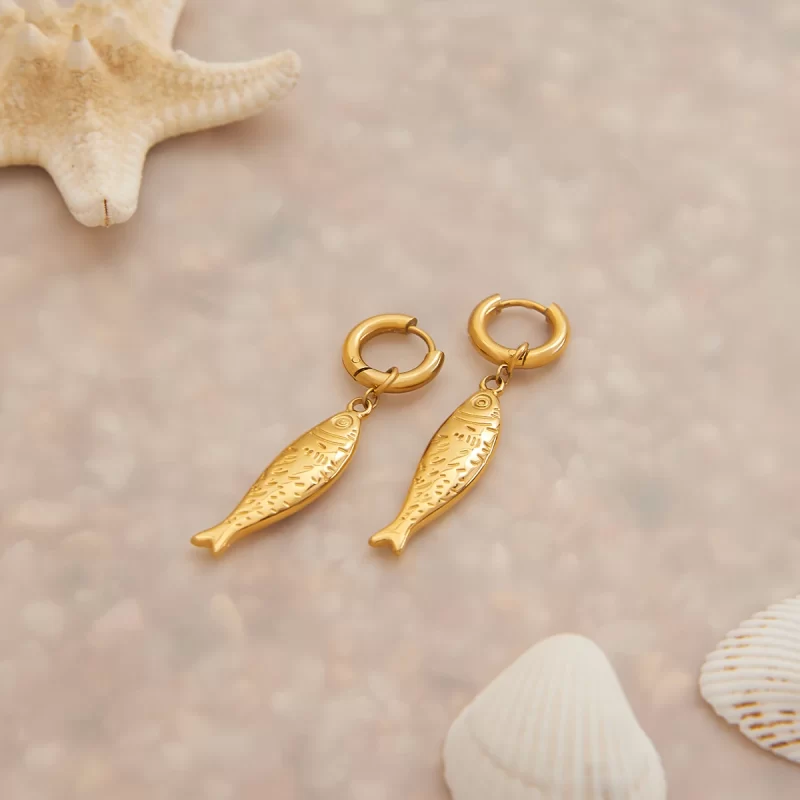 18K Gold Plated Stainless Steel Hoop Earrings Ocean Fish Drop Design Waterproof Geometric Pattern for Holiday Beach - Image 4
