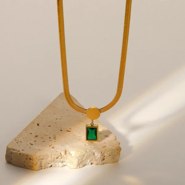 18K Gold Plated Stainless Steel Green Square Zircon Pendant Snake Chain Necklace for Women's 2022 - Image 4