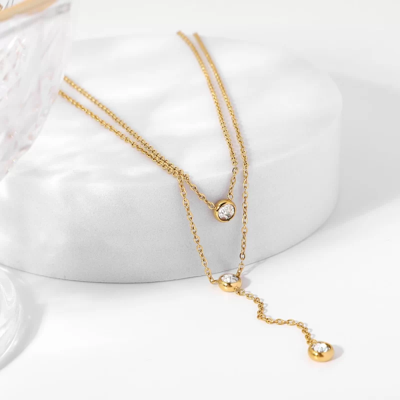 18K Gold Stainless Steel Y Shaped Dainty Chain Double Layer Shiny Cubic Zirconia Lariat Necklaces - Image 5