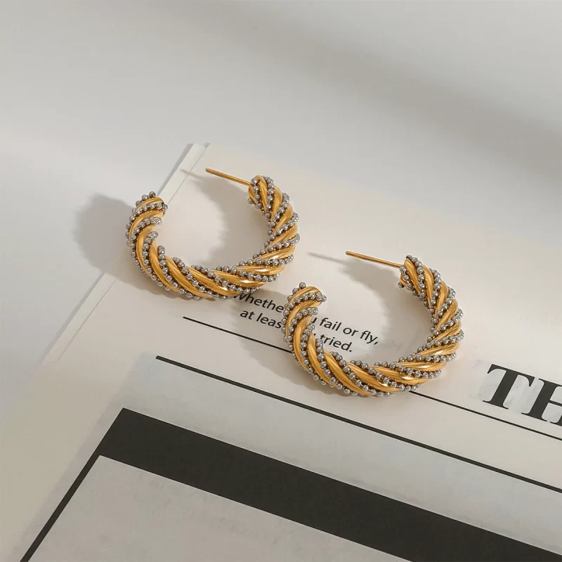 Modern Twisted Rope Hoop Earrings Minimalist C-Shaped Bead Design Two-Tone Stainless Steel Hoop Earrings - Image 4