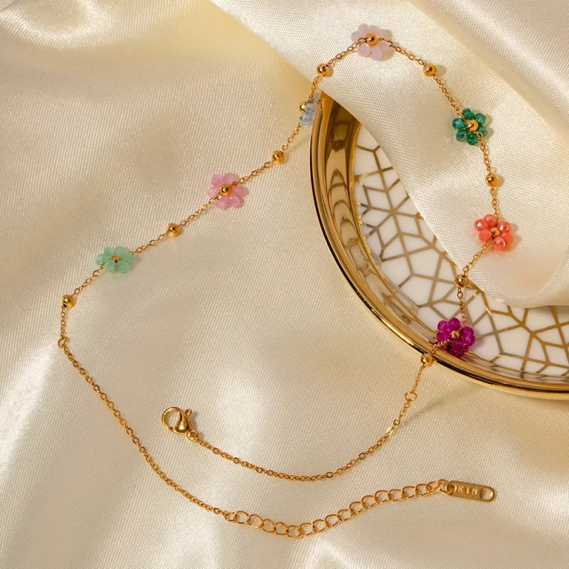 J&D Jewelry Stainless Steel 18K Gold Plated Bead Chain Sunflower Colorful 5 Flower Charm Bracelet Necklace