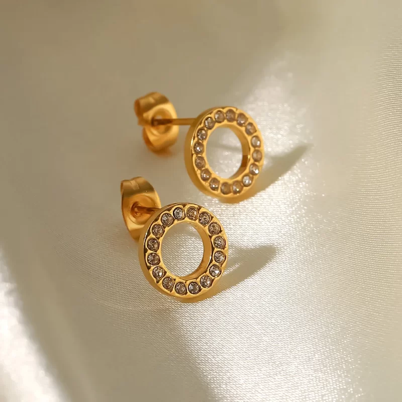 18K Gold Plated Stainless Steel Jewelry Charm Hollow White Circle Cubic Zirconia Stud Earrings - Image 2