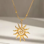 J&D 18k Gold Stainless Steel Spiral Sun Pendant Necklace 40+5cm