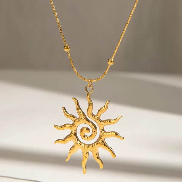J&D 18k Gold Stainless Steel Spiral Sun Pendant Necklace 40+5cm