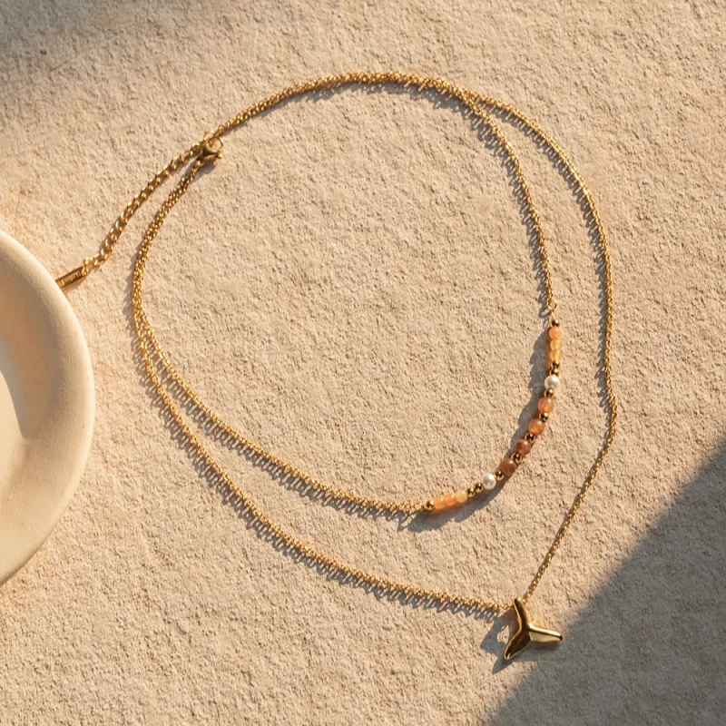 Natural Golden Stone Beaded Pendant Necklace 18K PVD Gold Plated Stainless Steel Double Fishtail Necklace for Women - Image 2
