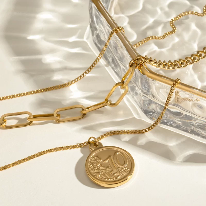 J&D 18k Gold Stainless Steel Layered Coin Pendant Necklace 38/45/50+5cm Trendy - Image 2