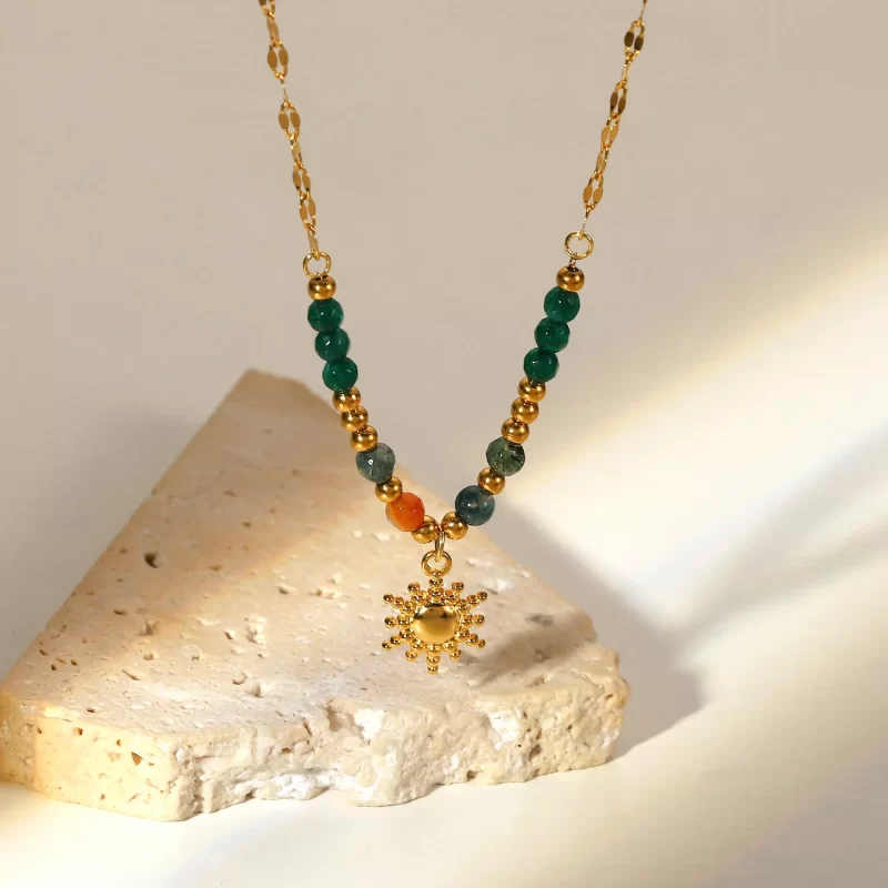 New Arrivals Manual Natural Stone Beads Splicing Necklace Women's Sun Pendant Statement Necklace - Image 4