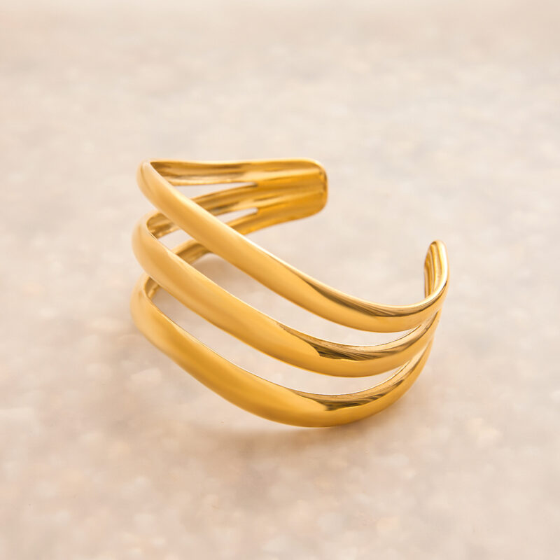 J&D Classic Minimalist Style 18K Gold Plated Stainless Steel Glossy Hollow Three Layer Bangle Simple Open Bracelet - Image 5