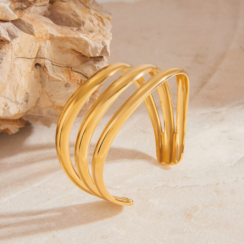 J&D Classic Minimalist Style 18K Gold Plated Stainless Steel Glossy Hollow Three Layer Bangle Simple Open Bracelet - Image 4