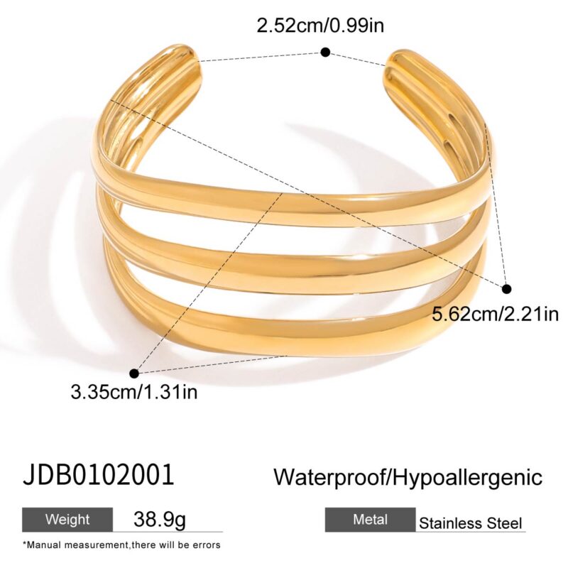 J&D Classic Minimalist Style 18K Gold Plated Stainless Steel Glossy Hollow Three Layer Bangle Simple Open Bracelet - Image 6