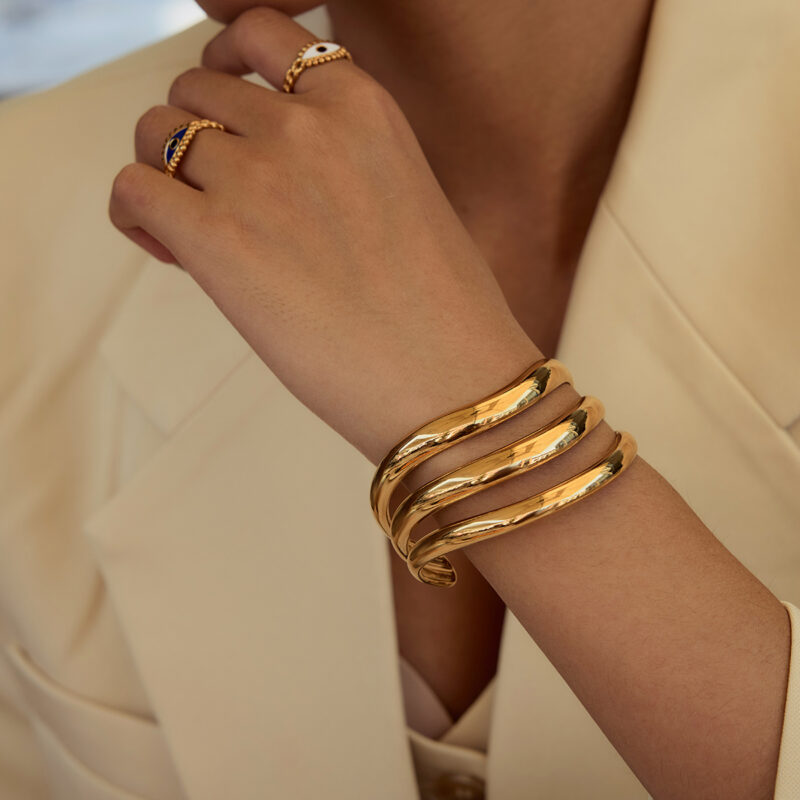 J&D Classic Minimalist Style 18K Gold Plated Stainless Steel Glossy Hollow Three Layer Bangle Simple Open Bracelet - Image 2