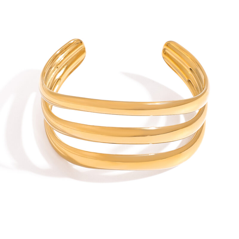 J&D Classic Minimalist Style 18K Gold Plated Stainless Steel Glossy Hollow Three Layer Bangle Simple Open Bracelet