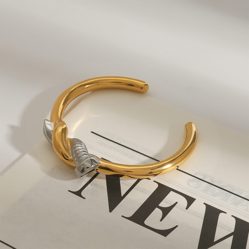 Ladies modern minimalist 18k gold stainless steel gold and silver color matching nail wound open bracelet - Image 2