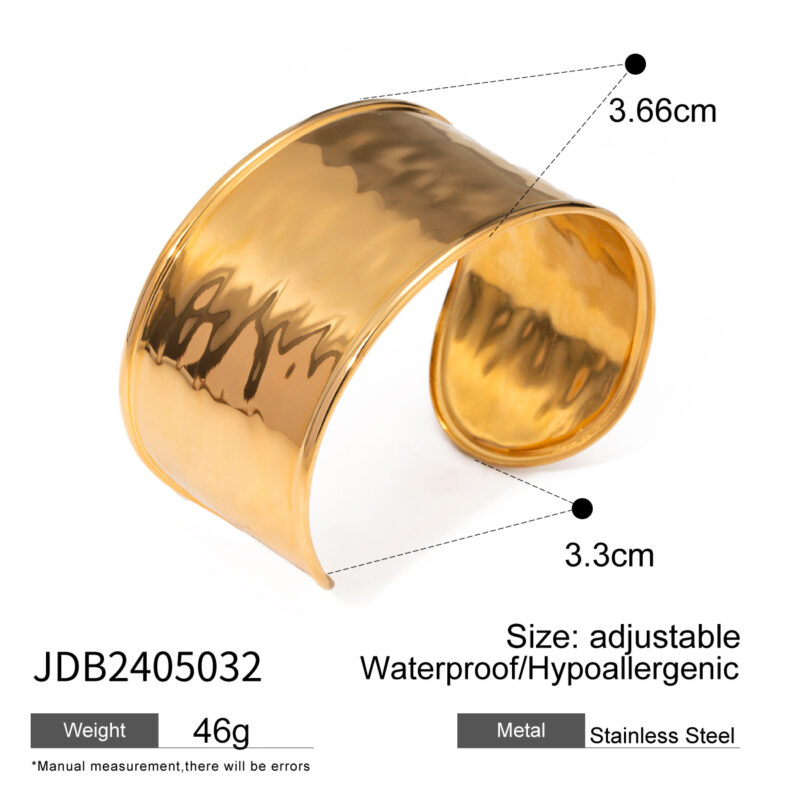 Waterproof Stainless Steel Trendy Wide Hammered Texture Opening Cuff Bracelet 18K Gold Plated Women Daily Jewelry - Image 5