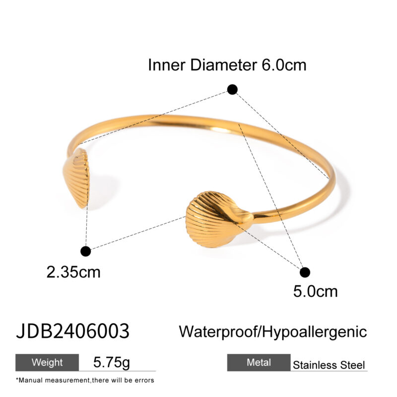 PVD Gold Plated Minimalist Big Scallop Fan Shell Open Cuff Bangle for Women - Image 5