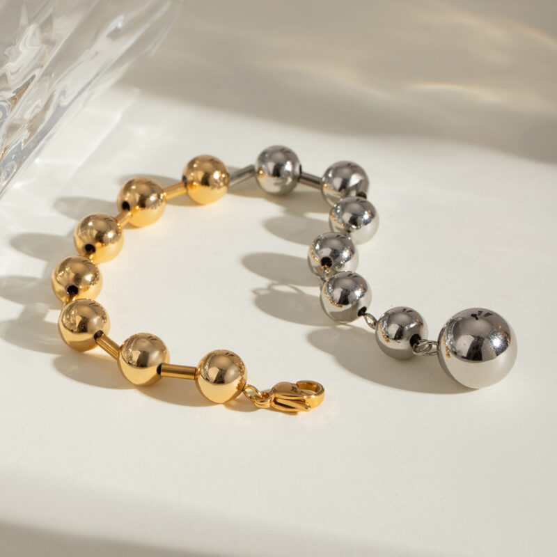 J&D 18K Gold Stainless Steel Mixed Metal Bead Bracelet Hypoallergenic 19cm - Image 5