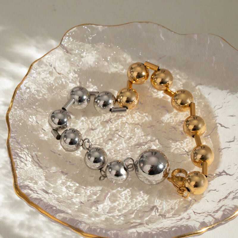 J&D 18K Gold Stainless Steel Mixed Metal Bead Bracelet Hypoallergenic 19cm - Image 4