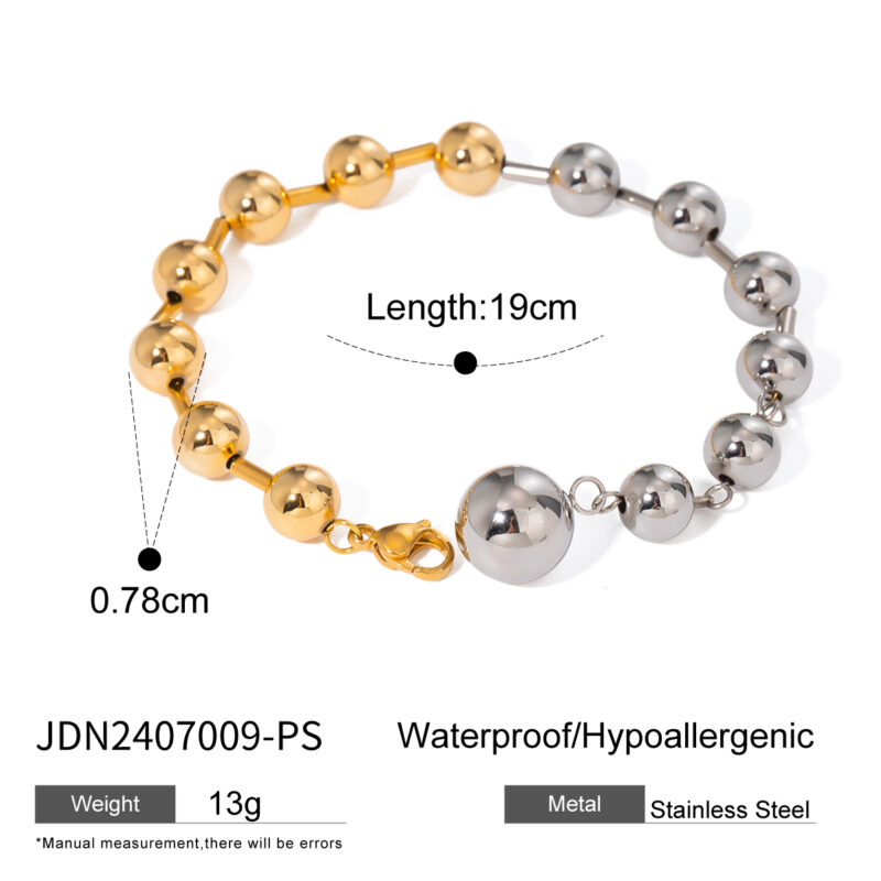 J&D 18K Gold Stainless Steel Mixed Metal Bead Bracelet Hypoallergenic 19cm - Image 6