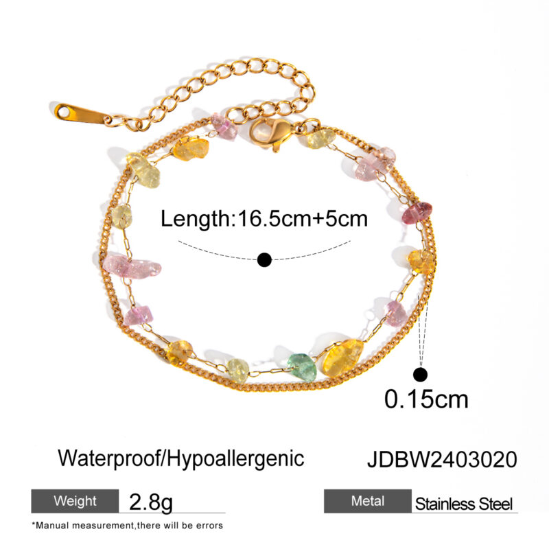 Cute Girl Stainless Steel Bracelet 18K Gold Plated Double Chain Color Gravel Charm Bracelet - Image 4