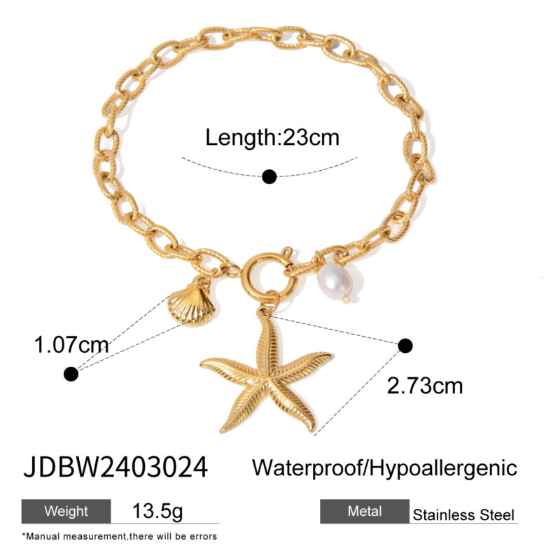 Waterproof Stainless Steel 18K Gold Plated Starfish Bracelet Ocean Shell Pearl Texture Seashell Chain Bracelet - Image 4