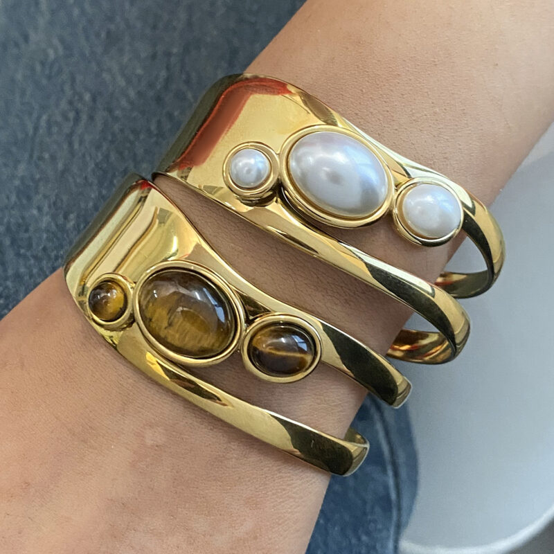 Exaggerated Retro Gold Plated Stainless Steel Natural Stone Imitation Pearl Bracelet Bangle For Women Fashion Jewelry - Image 2
