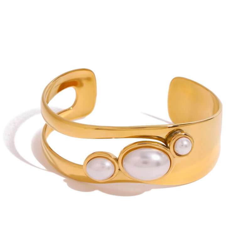 Exaggerated Retro Gold Plated Stainless Steel Natural Stone Imitation Pearl Bracelet Bangle For Women Fashion Jewelry