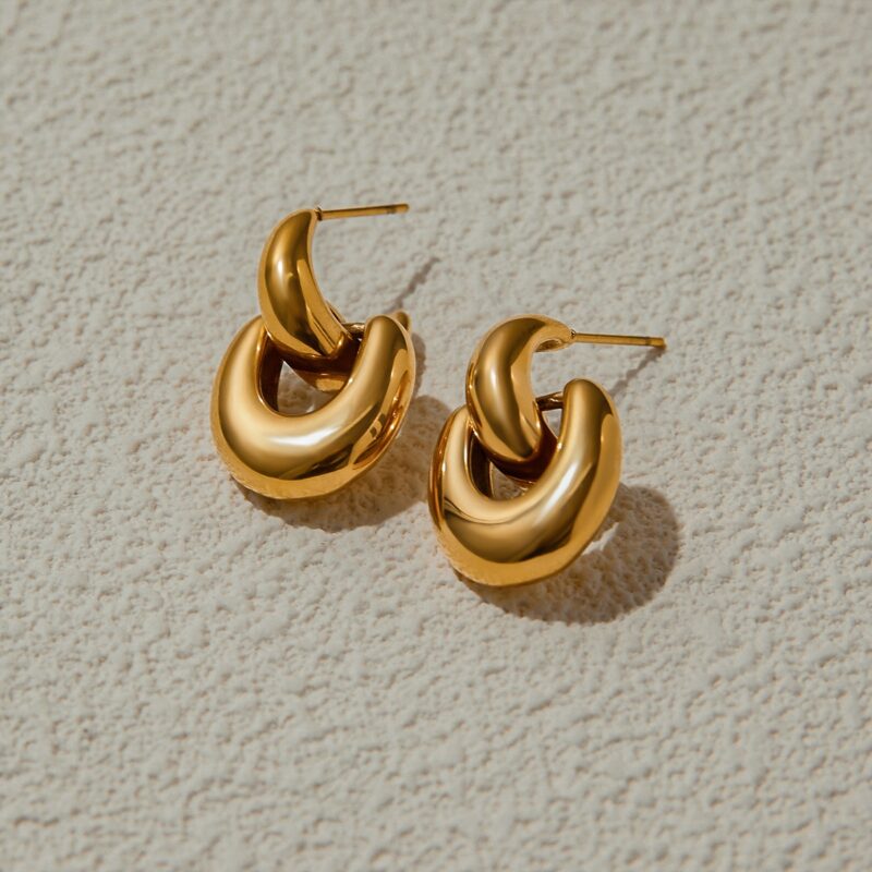 J&D Tarnish Free 18K Gold Plated Stainless Steel Hypoallergenic Polished Chunky Drop Earrings - Image 4
