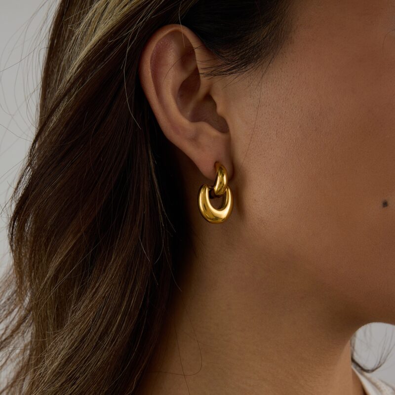 J&D Tarnish Free 18K Gold Plated Stainless Steel Hypoallergenic Polished Chunky Drop Earrings - Image 2