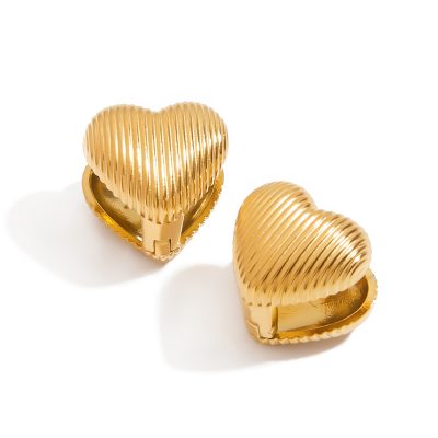 J&D Stainless Steel 18K Gold Plated Tarnish Free Waterproof Classic Rib Heart Stud Earrings