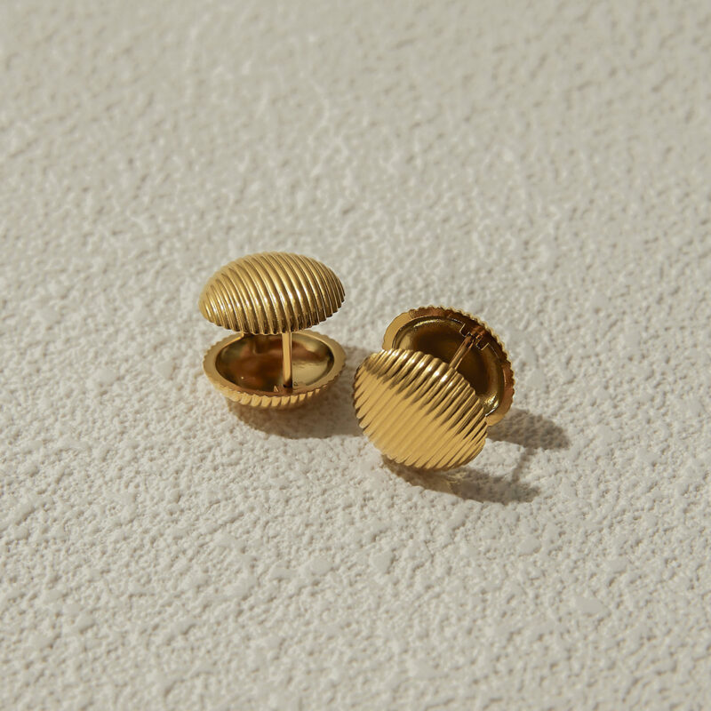 J&D Trendy Stainless Steel 18K Gold Plated Hypoallergenic Ribbed Ball Stud Earrings - Image 4