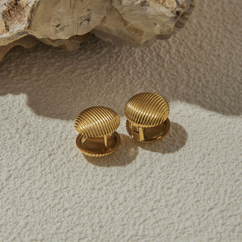 J&D Trendy Stainless Steel 18K Gold Plated Hypoallergenic Ribbed Ball Stud Earrings - Image 5