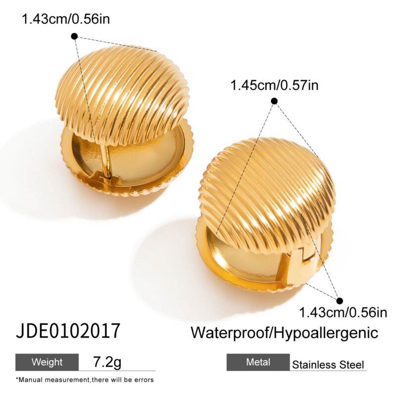 J&D Trendy Stainless Steel 18K Gold Plated Hypoallergenic Ribbed Ball Stud Earrings - Image 6