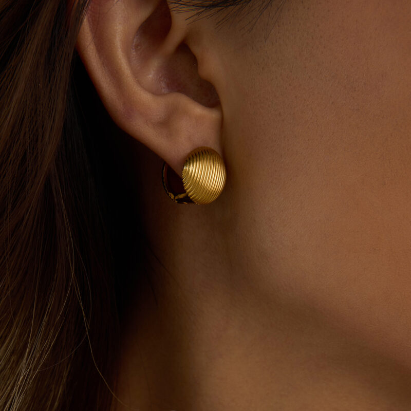 J&D Trendy Stainless Steel 18K Gold Plated Hypoallergenic Ribbed Ball Stud Earrings - Image 3