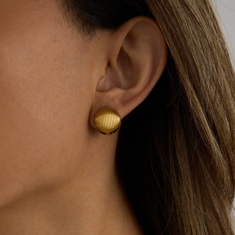 J&D Trendy Stainless Steel 18K Gold Plated Hypoallergenic Ribbed Ball Stud Earrings - Image 2