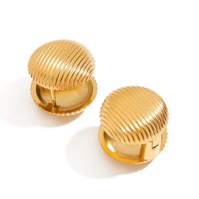 J&D Trendy Stainless Steel 18K Gold Plated Hypoallergenic Ribbed Ball Stud Earrings