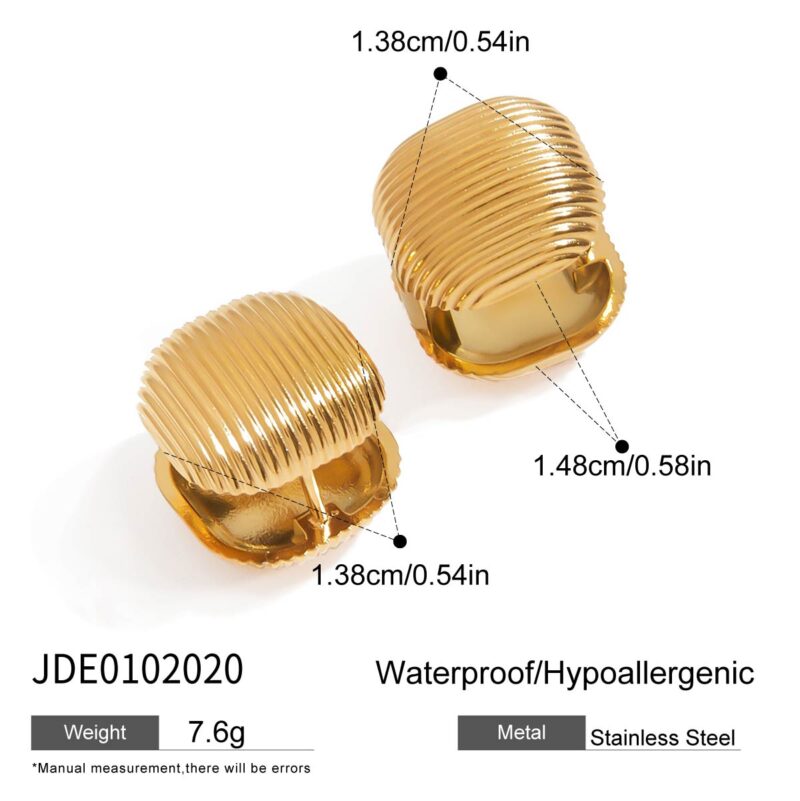 J&D Classic Style Tarnish Free 18k Gold Plated Waterproof Stainless Steel Square Ribbed Stud Earrings - Image 3