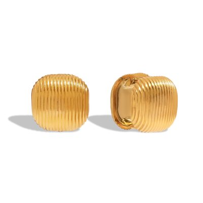 J&D Classic Style Tarnish Free 18k Gold Plated Waterproof Stainless Steel Square Ribbed Stud Earrings