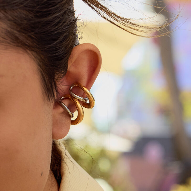 J&D 18k Gold Plated Stainless Steel High Polished Smooth Twins Shell Pearl Two Tone Ear Cuff - Image 3