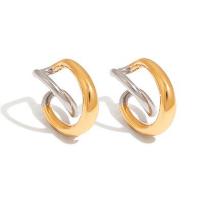 J&D 18k Gold Plated Stainless Steel High Polished Smooth Twins Shell Pearl Two Tone Ear Cuff