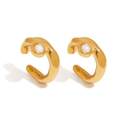 J&D 18k Gold Plated Stainless Steel High Polished Smooth Twins Shell Pearl Ear Cuff