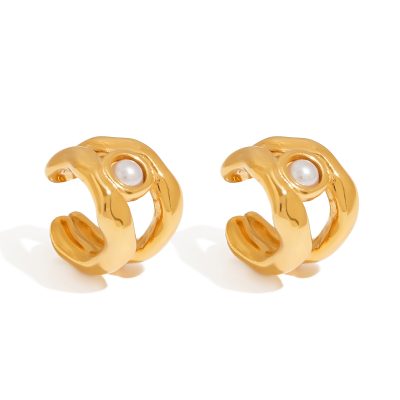 J&D 18k Gold Plated Stainless Steel High Polished Smooth Twins Shell Pearl Ear Cuff
